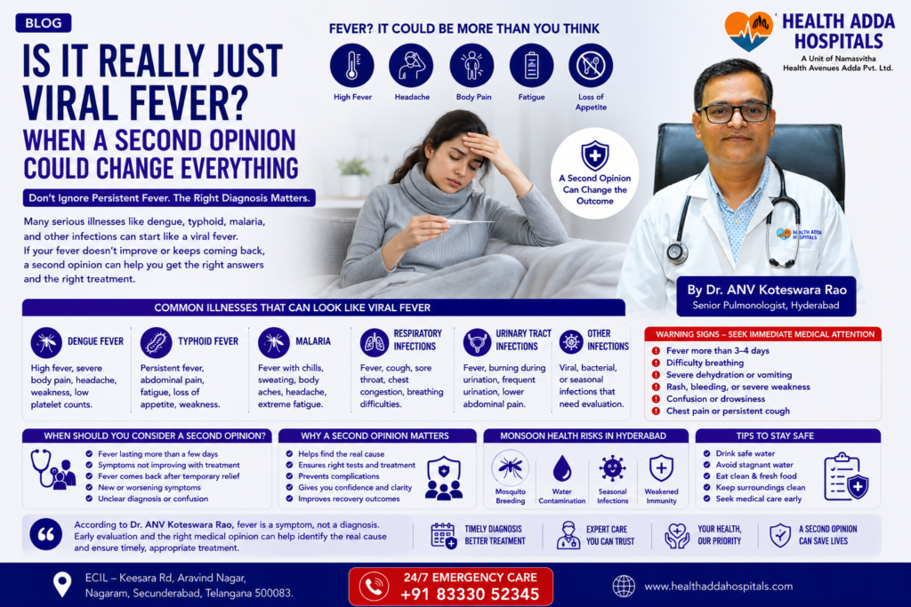 Dr. ANV Koteswara Rao explaining why persistent fever may require a second opinion to rule out dengue, typhoid, malaria, and other serious illnesses during monsoon season in Hyderabad