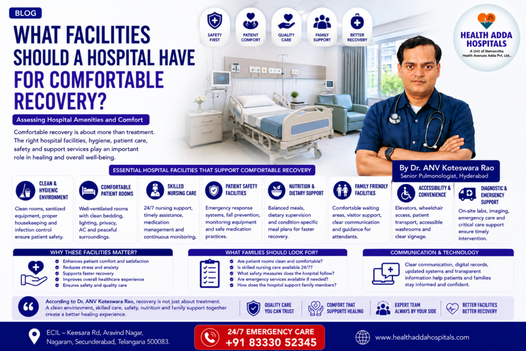 Dr. ANV Koteswara Rao explaining the hospital facilities that support comfortable recovery, patient well-being, and quality healthcare in Hyderabad