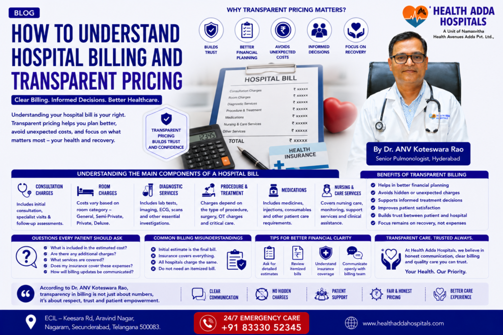 Dr. ANV Koteswara Rao explaining hospital billing, transparent pricing, healthcare costs, and how patients can better understand medical expenses in Hyderabad