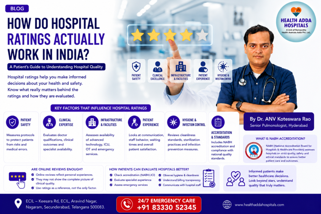 Dr. ANV Koteswara Rao explaining hospital ratings, quality standards, accreditation systems, and patient care indicators in Hyderabad
