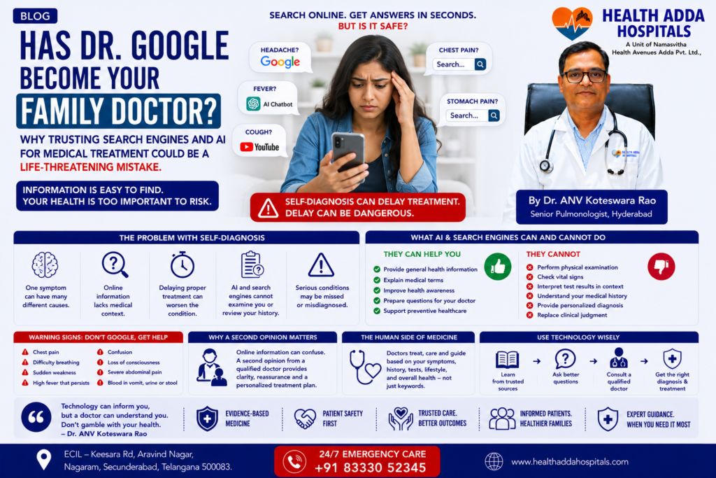 Dr. ANV Koteswara Rao explaining why online medical advice from search engines and AI should never replace professional medical consultation