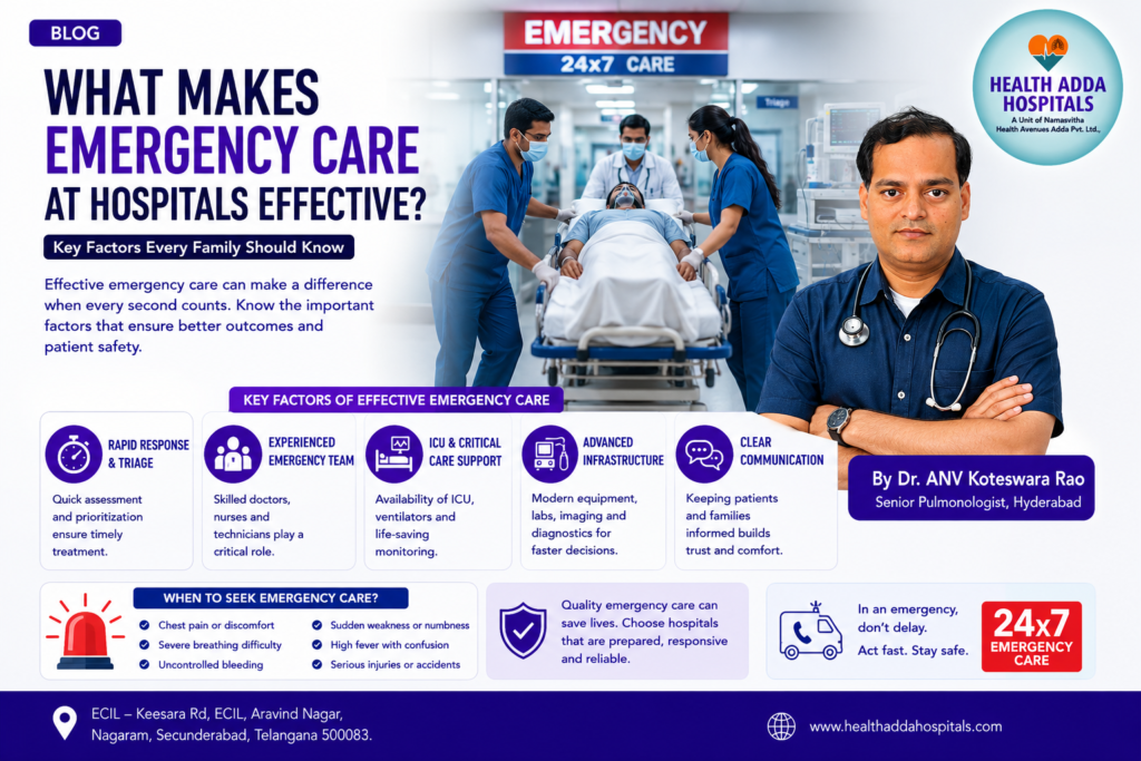 Emergency care team responding to a critical patient at a Hyderabad hospital with Dr. ANV Koteswara Rao highlighting emergency healthcare quality and patient safety awareness