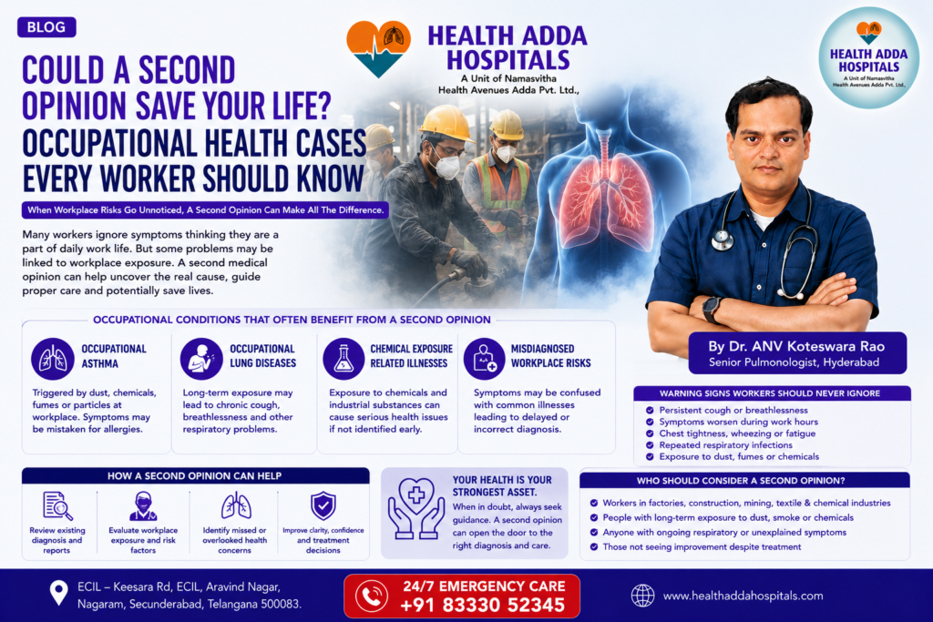 Dr. ANV Koteswara Rao explaining how a medical second opinion can help identify occupational health risks and potentially save lives among industrial workers in Hyderabad