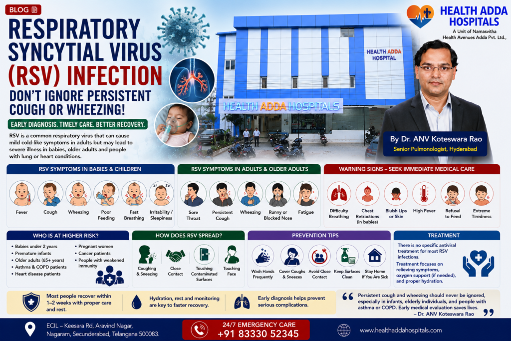 Dr. ANV Koteswara Rao explaining Respiratory Syncytial Virus (RSV), symptoms, prevention, and treatment at Health Adda Hospitals Hyderabad