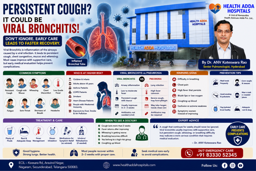 Dr. ANV Koteswara Rao explaining Viral Bronchitis symptoms, causes, prevention, and treatment at Health Adda Hospitals, Hyderabad
