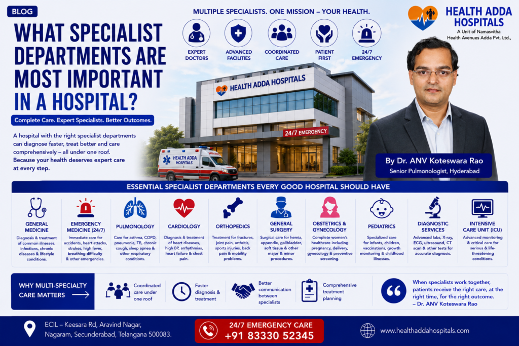 Dr. ANV Koteswara Rao explaining the importance of specialist departments in a multi-specialty hospital for better patient care and treatment outcomes