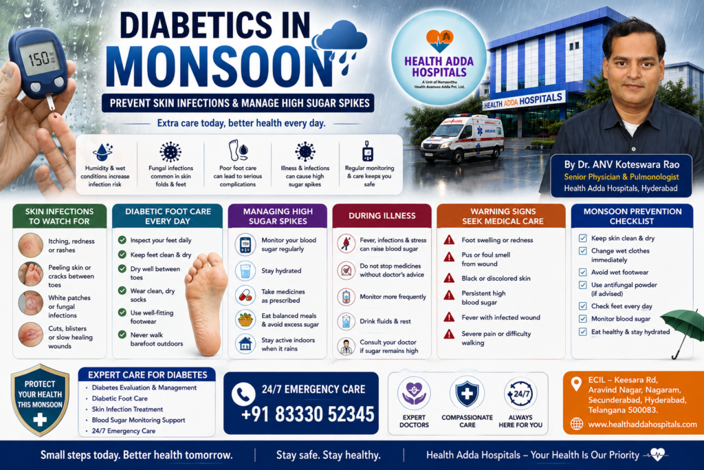 Dr. ANV Koteswara Rao explaining monsoon diabetes care, skin infection prevention and blood sugar management at Health Adda Hospitals.