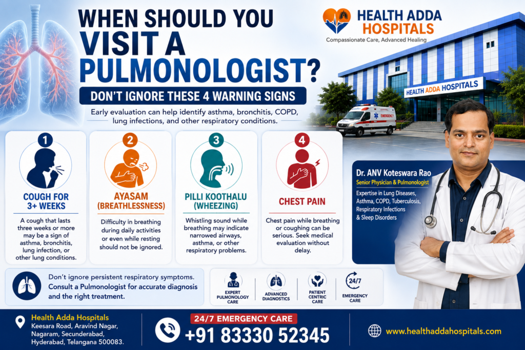 Dr. ANV Koteswara Rao explaining four warning signs that indicate when you should visit a pulmonologist at Health Adda Hospitals, Hyderabad