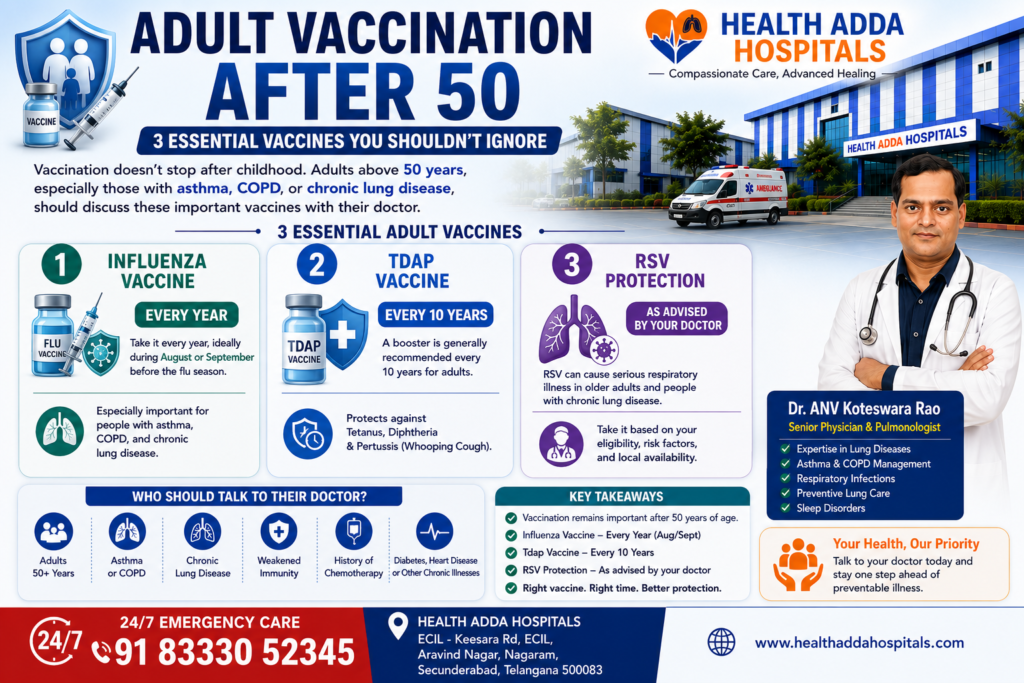 Dr. ANV Koteswara Rao explaining adult vaccination after 50 years at Health Adda Hospitals.
