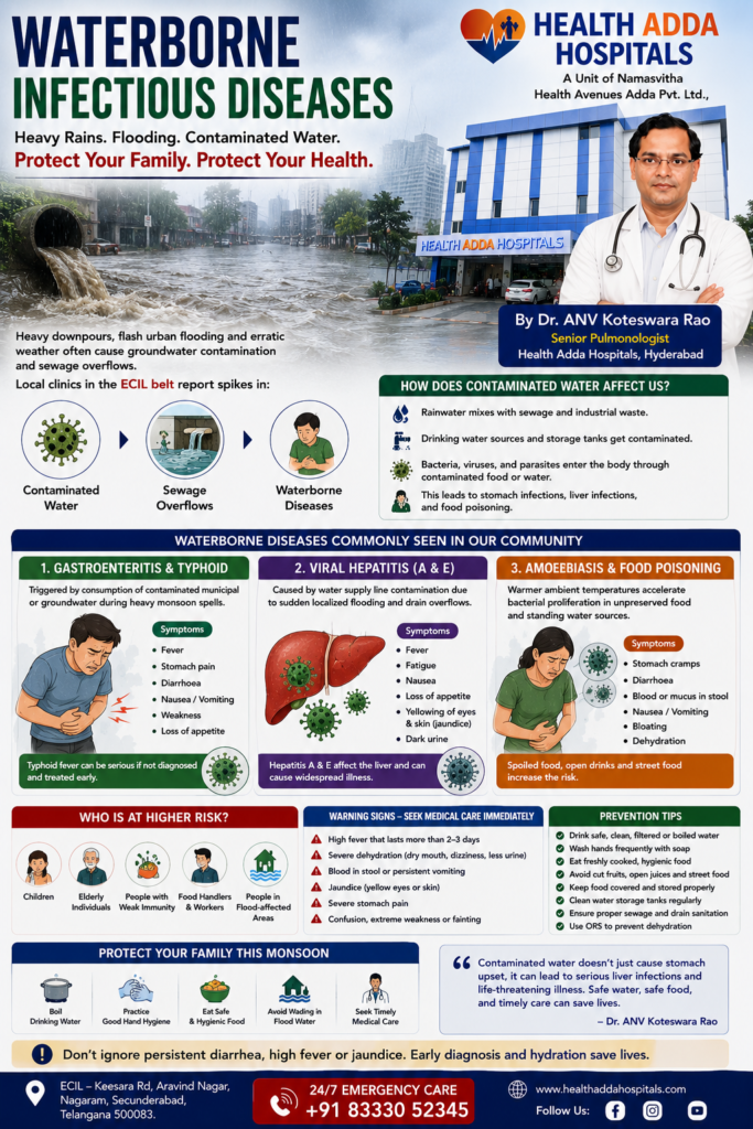 Dr. ANV Koteswara Rao explaining waterborne infectious diseases, gastroenteritis, typhoid, viral hepatitis, amoebiasis, and food poisoning during the monsoon season