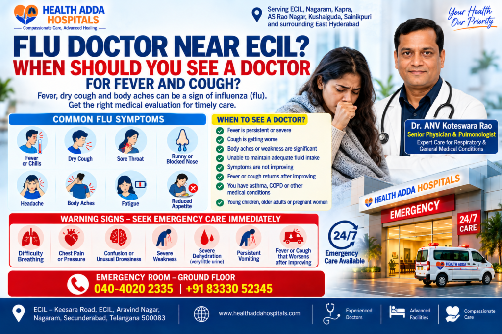 For residents of ECIL, Nagaram, Kapra, AS Rao Nagar, Kushaiguda, Sainikpuri and surrounding East Hyderabad, Health Adda Hospitals provides medical and emergency services.