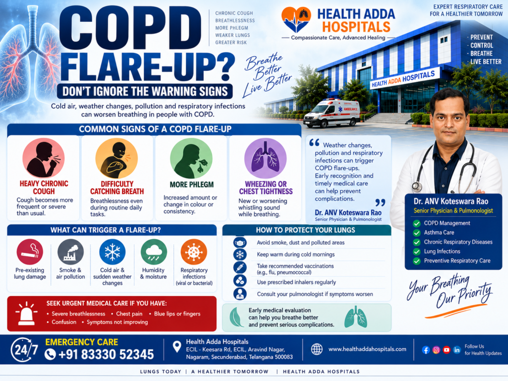 Dr. ANV Koteswara Rao explaining COPD flare-ups, chronic cough and breathlessness during cold weather and pollution at Health Adda Hospitals ECIL.