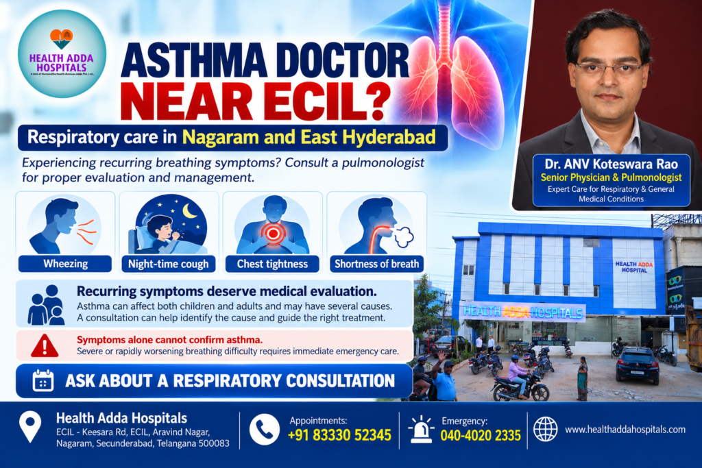 Asthma doctor near ECIL at Health Adda Hospitals in Nagaram, with Dr. ANV Koteswara Rao, Senior Physician and Pulmonologist.