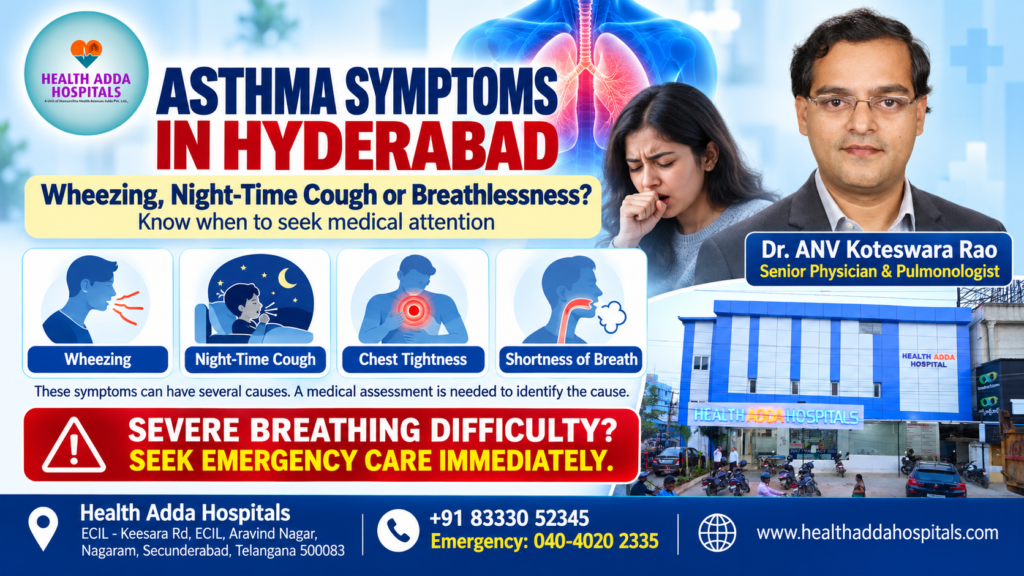 Asthma symptoms in Hyderabad including wheezing, night-time cough, chest tightness and breathlessness, with Dr. ANV Koteswara Rao at Health Adda Hospitals.