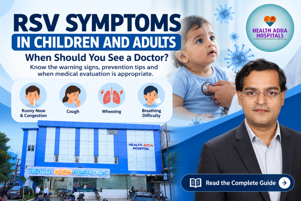 RSV symptoms in children and adults, including cough, runny nose, wheezing and breathing difficulty, with respiratory health guidance from Health Adda Hospitals in Nagaram, Hyderabad.