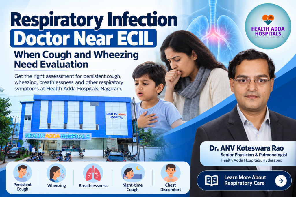 Respiratory infection and breathing symptom awareness at Health Adda Hospitals near ECIL, Nagaram, featuring Dr. ANV Koteswara Rao.