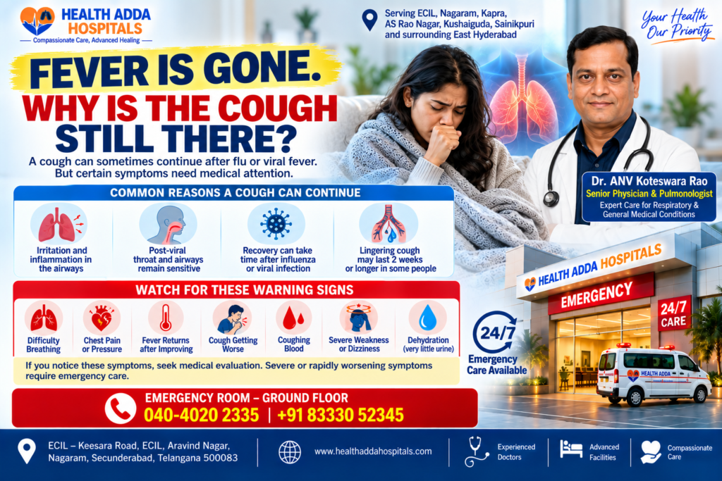 A cough can sometimes continue after influenza or another respiratory infection while the airways recover. But a cough that is worsening, accompanied by breathing difficulty, chest pain, returning fever, severe weakness or dehydration should not be ignored.